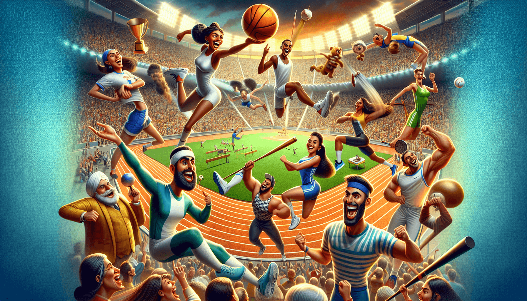 Colorful sports arena with cartoon characters